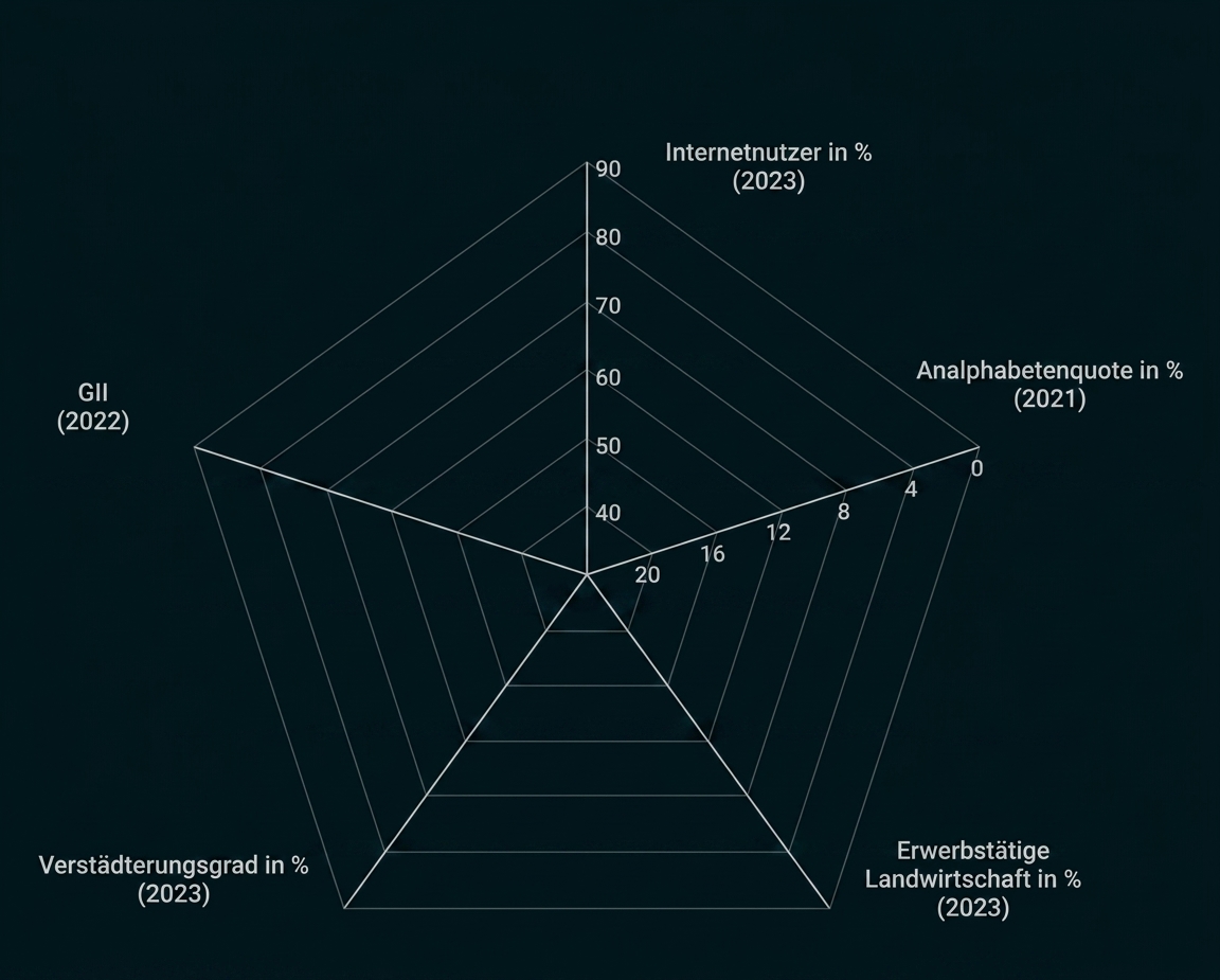 Radar-Diagramm mit Internetnutzern, Analphabetenquote, Landwirtschaft, Verstädterung und GII.